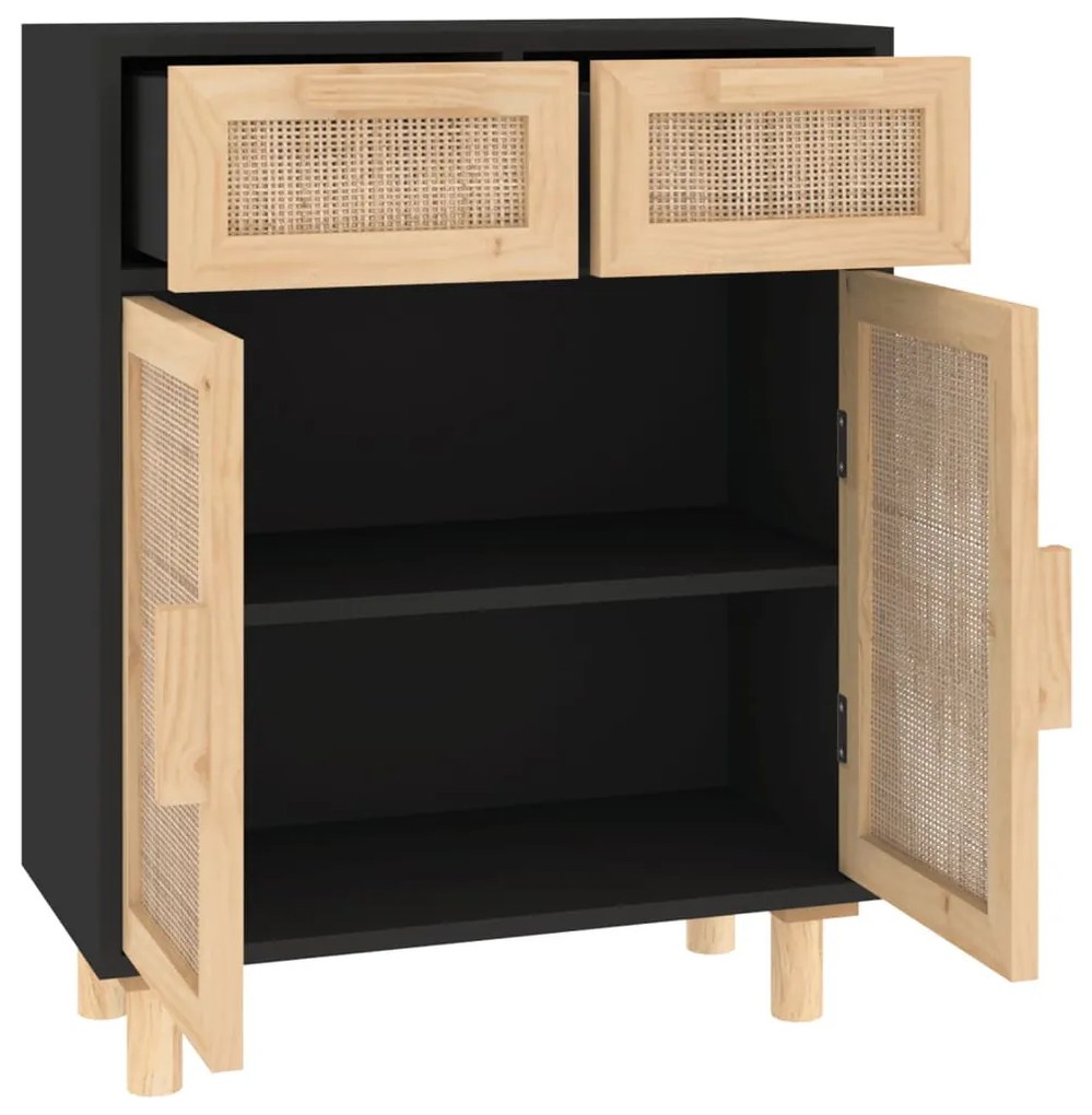 fekete tömör fenyő/természetes rattan tálalószekrény 60x30x75cm