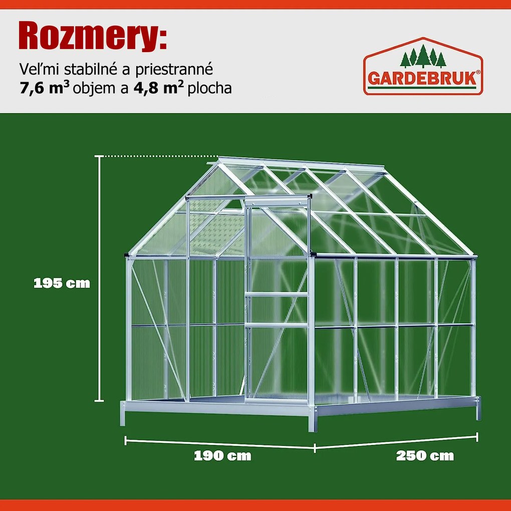 Gardebruk M4 polikarbonát kerti üvegház alappal, 250x190x195cm, átlátszó