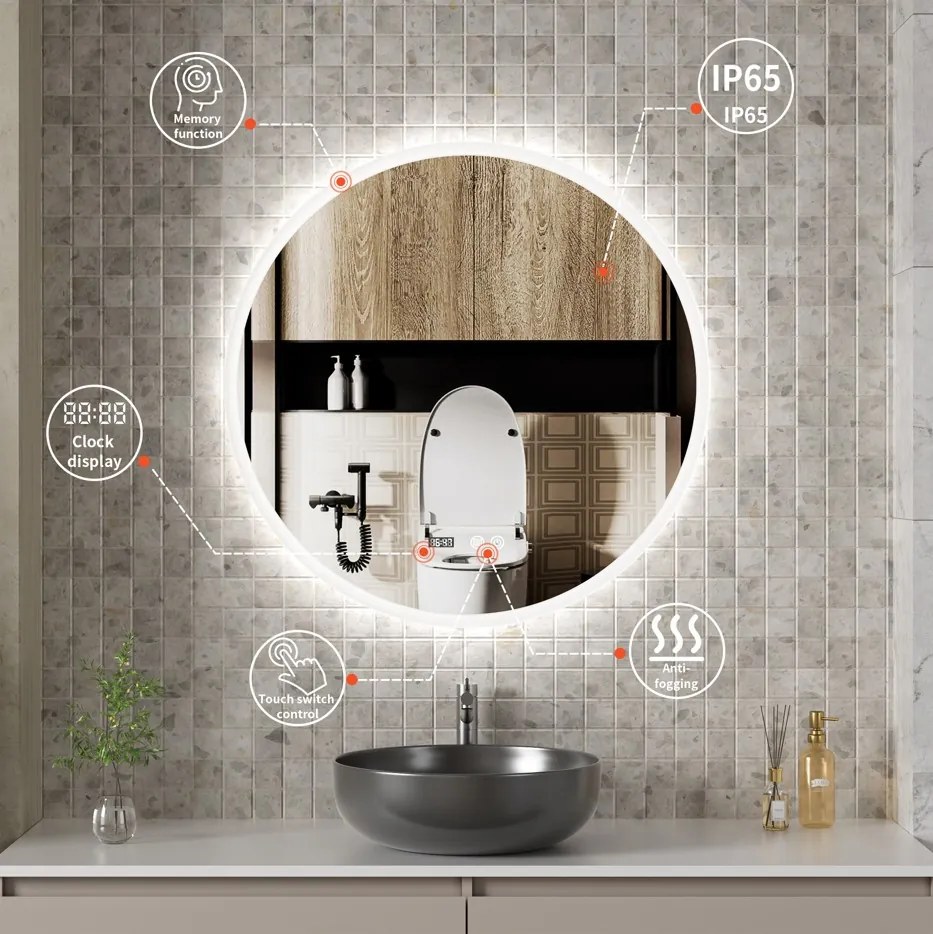 Erga Deam, kerek LED-es tükör 60cm, 3 színű világítás, első világítás, páramentes fűtőbetét, ERG-V01-Deam-6060-CL