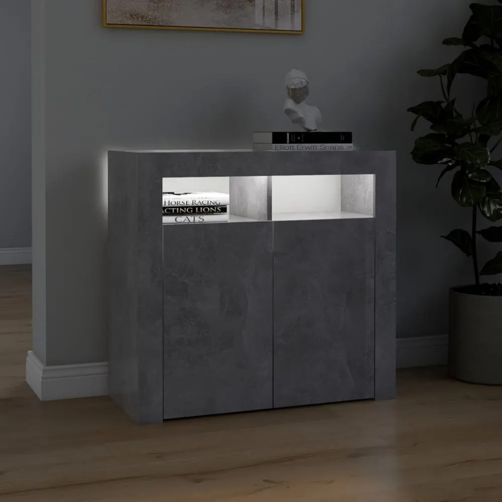 betonszürke tálalószekrény LED-világítással 80 x 35 x 75 cm