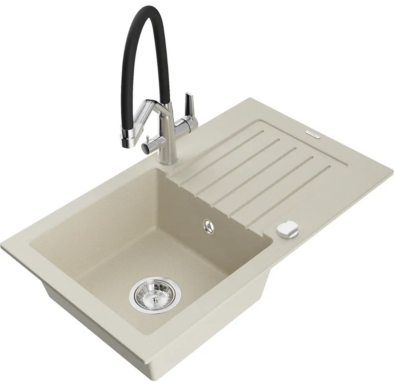 Mexen Pablo egymedencés gránit mosogató elvezetővel és Duo konyhai csappal, bézs - 6510-69-671701-07