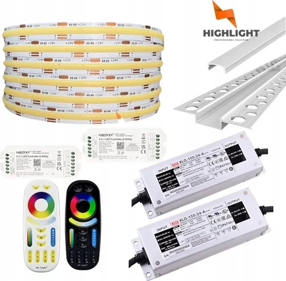 20m Homlokzati szett Led szalag Cob Cct 16W 24V IP65 profil GK6-3 Ezüst