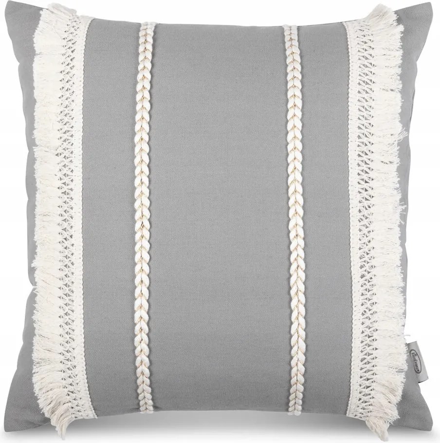 Dekoratív párnahuzat Boho 45x45 Eurofirany szürke, rojtokkal díszített
