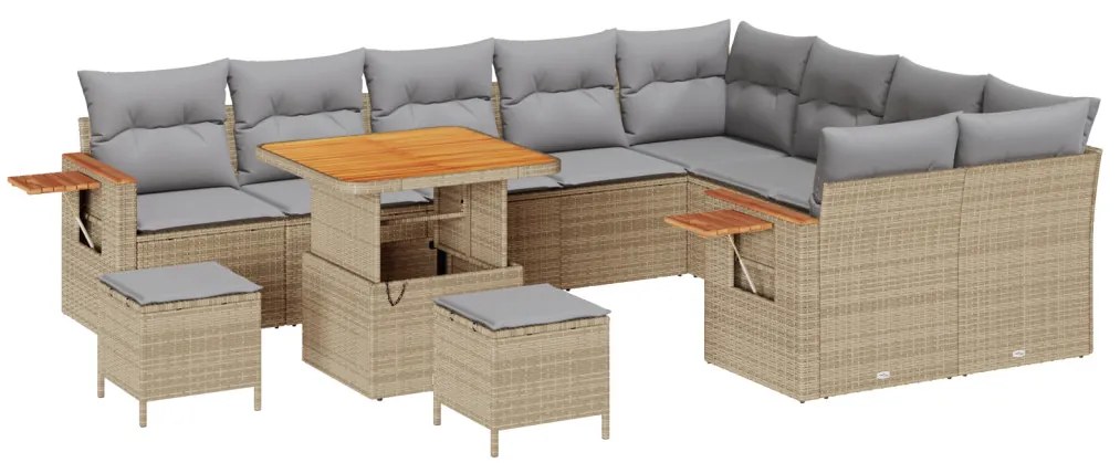 12 Darabos Kert Sofa Készlet Párnákkal Bézs Poli Rattan Akácia, 3 Darabos Kert Étkező Készlet Párnákkal Bézs Poli Rattan Akácia