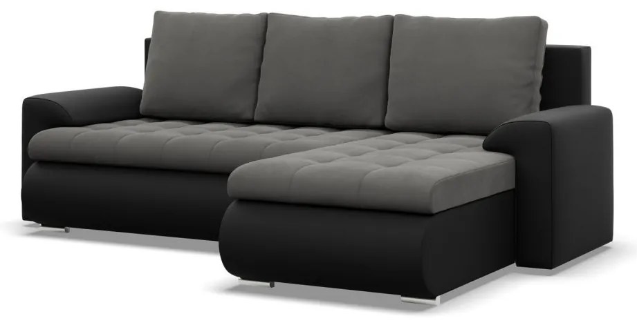 Tokio sarokkanapé, 2 ágyneműtartóval, bársony + műbőr, jobboldali, szürke - fekete