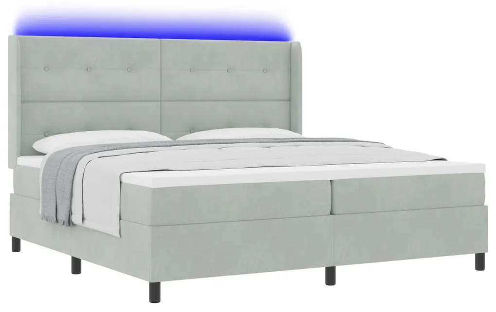 Boxspring Ágy Matraccal &amp; LED Fény Szürke 200x200 cm Bársony