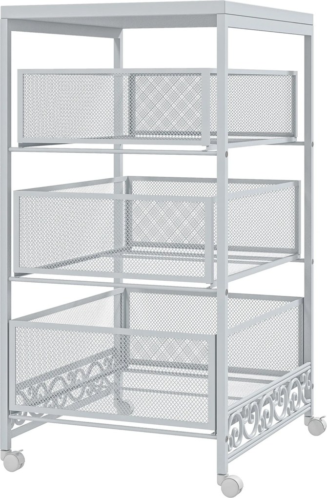 HOMCOM Görgős Tárolókocsi 3 Szintes Tárolókocsi 3 Kosaras Fiókkal Nappaliba, Étkezőbe, Konyhába, Fürdőbe 34x29,5x57,5 cm Fehér | Aosom