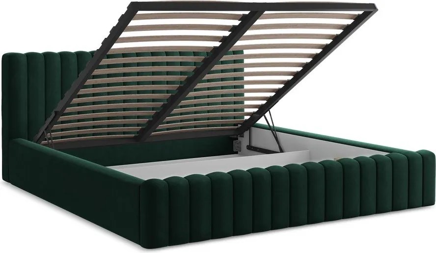 Sötétzöld kárpitozott ágyneműtartós franciaágy ágyráccsal 160x200 cm Lemi – Makamii