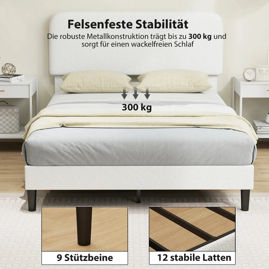 HOMCOM Ágy 140x200 cm Ágykeret állítható kárpitozott teddy fleece fejtámlával, fehér