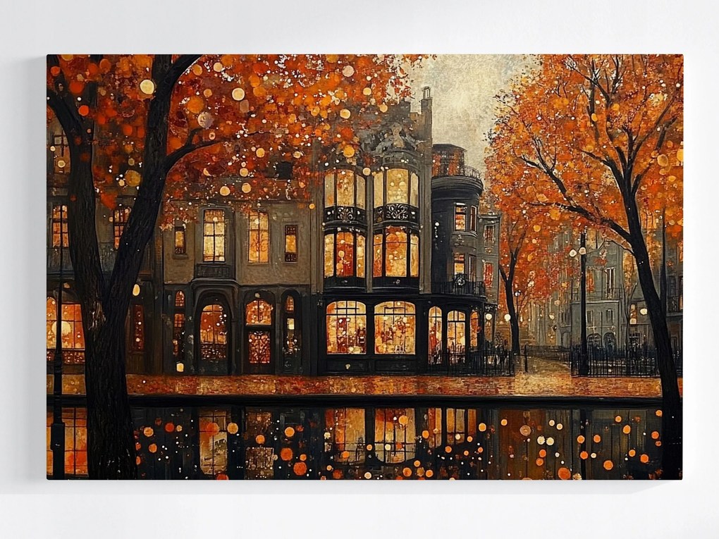 Poszter Város Utca Bérházak Ősz Levelek Eső 120x80