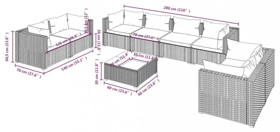 vidaXL 9 részes fekete polyrattan kerti ülőgarnitúra párnákkal
