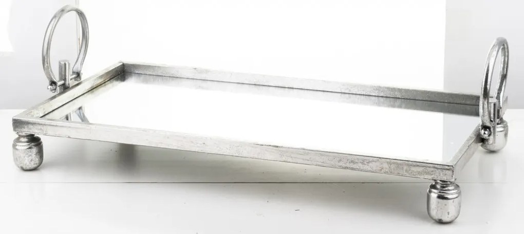Négyszögletű ezüst lehajtható fogantyús tálca tükös tálcalappal 19x61x30,5cm