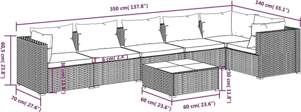 7 részes fekete polyrattan kerti ülőgarnitúra párnákkal