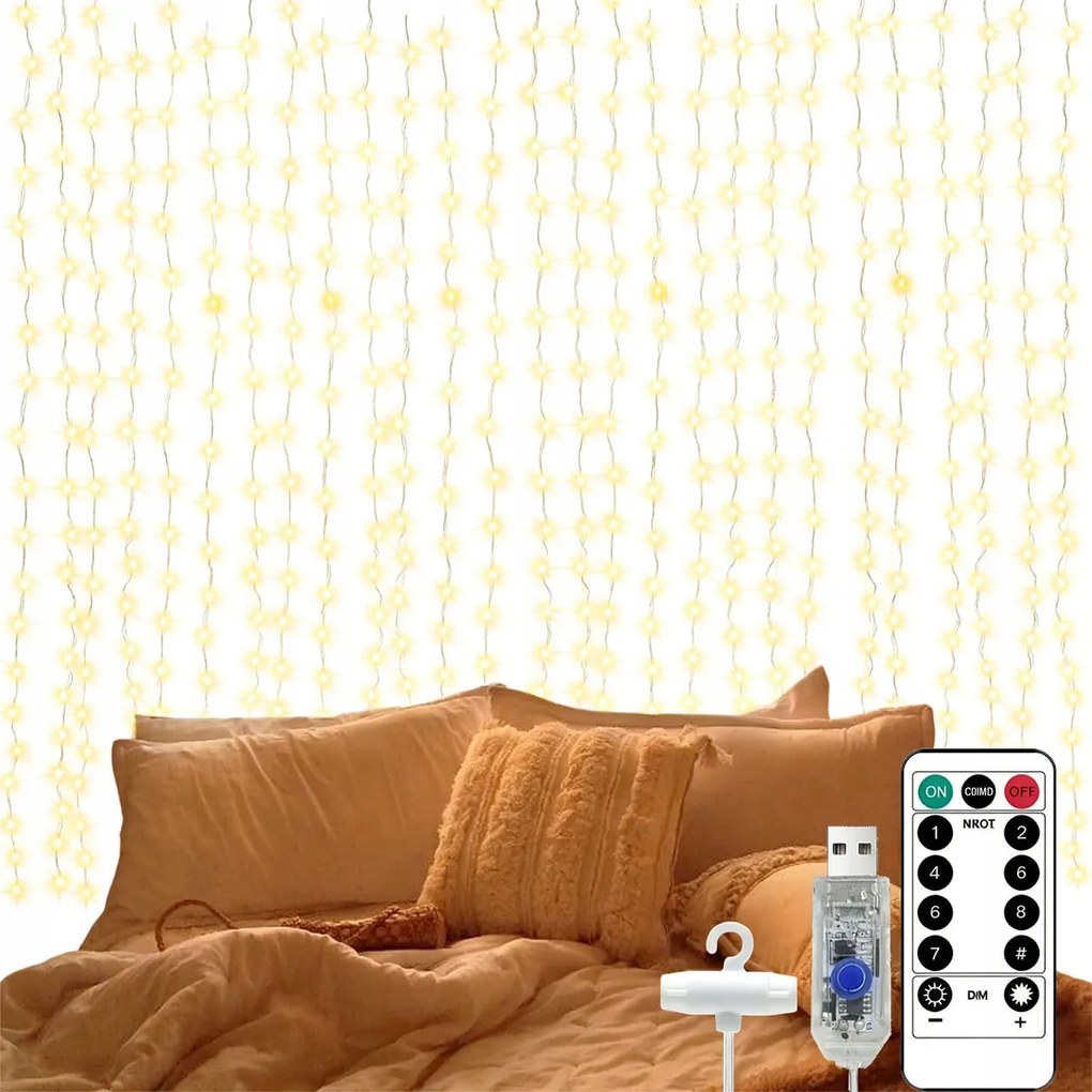 Lámpák Led Fényfüggöny Távirányító 3X3m 300LED Fehér Meleg Usb akasztók