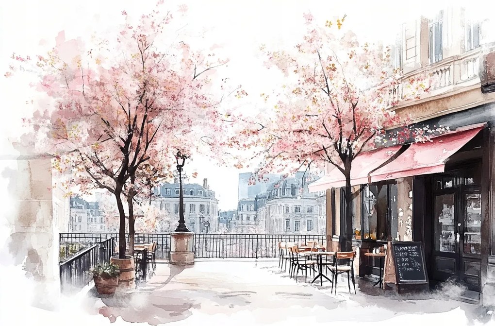 Vászonkép Canvas Párizs Franciaország Terasz Kávézó Fák Tavasz 100x75