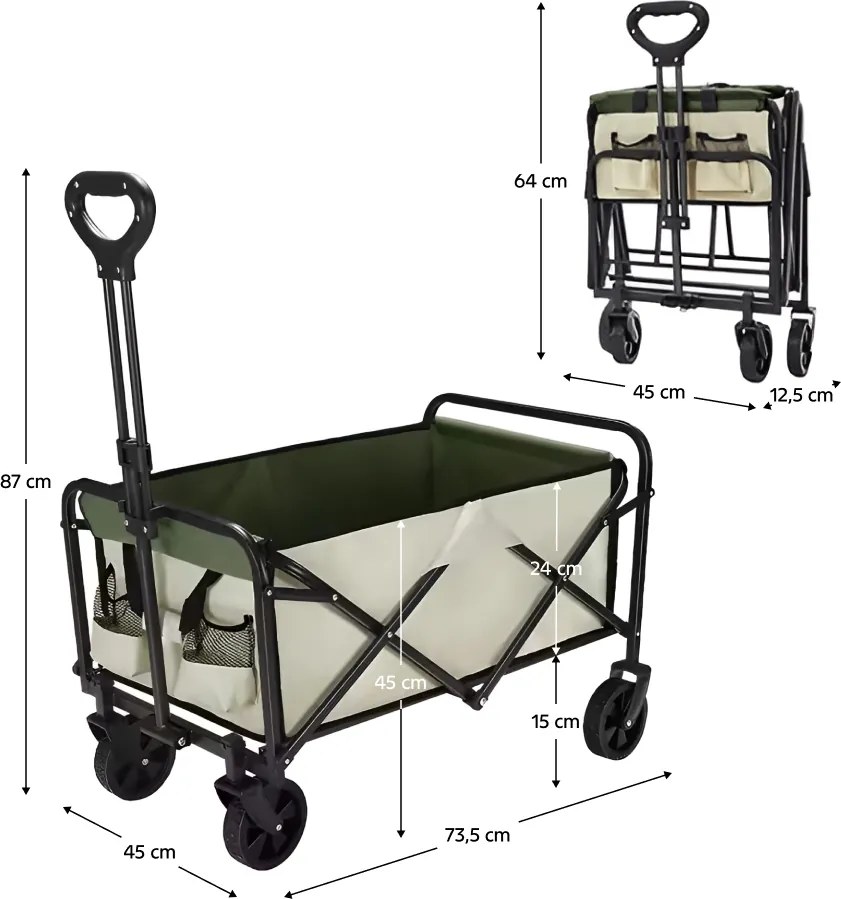 Kerti kocsi, összecsukható, bézs/zöld/fekete, KARIL