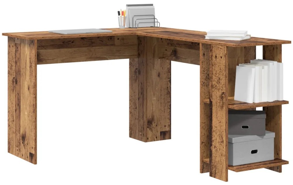 vidaXL Sarokíróasztal polcokkal Öreg fa 140 x 113,5 x 75 cm Faanyag