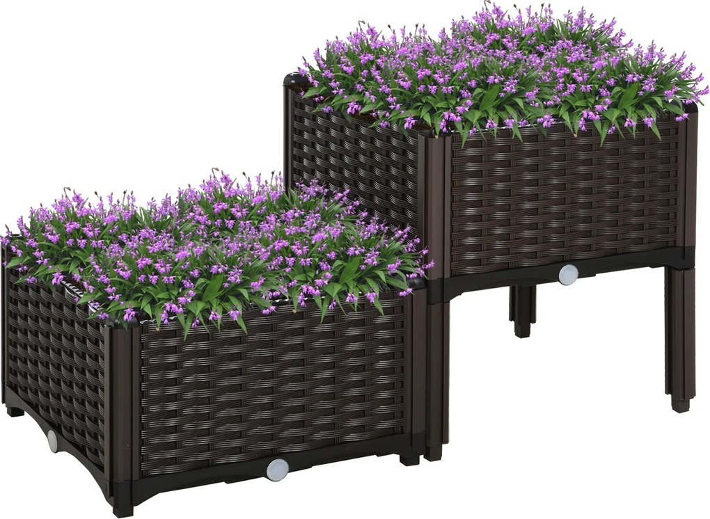 Outsunny Emelt Ágyás, Virágágyás Kifolyónyílásokkal, Rattan Hatású, Műanyag, Barna, 40 x 40 x 44 cm | Aosom