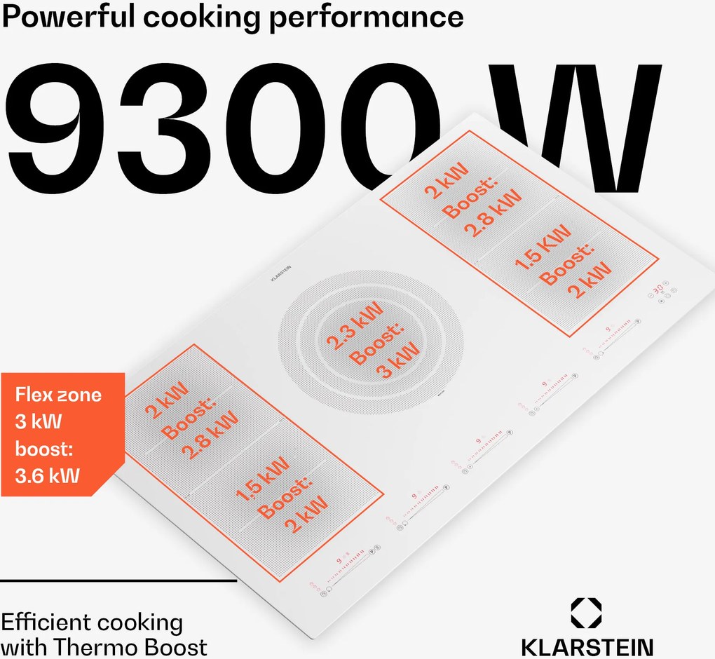 Klarstein Masterzone 90 Flex, indukciós főzőlap, max. 12 600 W, beépített, 5 zóna, 2 Flex zóna, ThermoBoost technológia, Smart Flex
