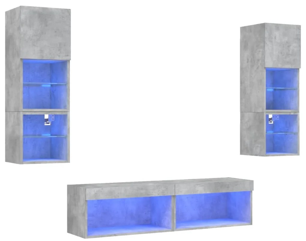 6 darab betonszürke szerelt fa fali TV-bútor LED-del