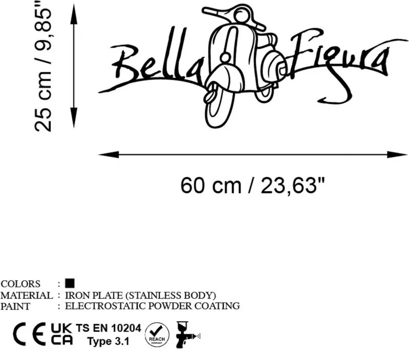 Bella fém fali dekoráció, 60×25 cm
