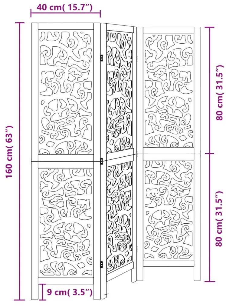 3 paneles fekete tömör császárfa térelválasztó