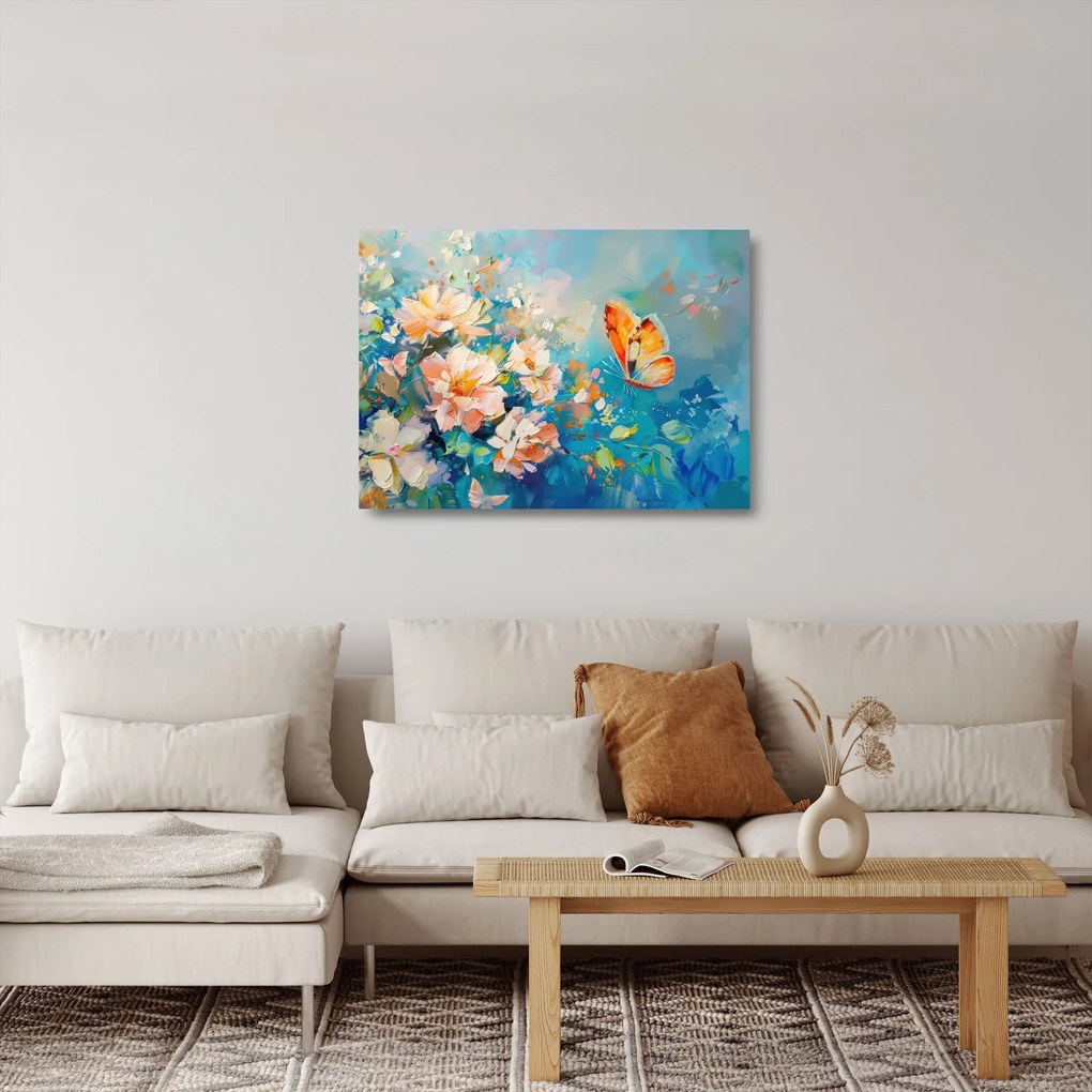 Üveg kép - Pillangó és virágok, olajfestmény II. (70x50 cm)
