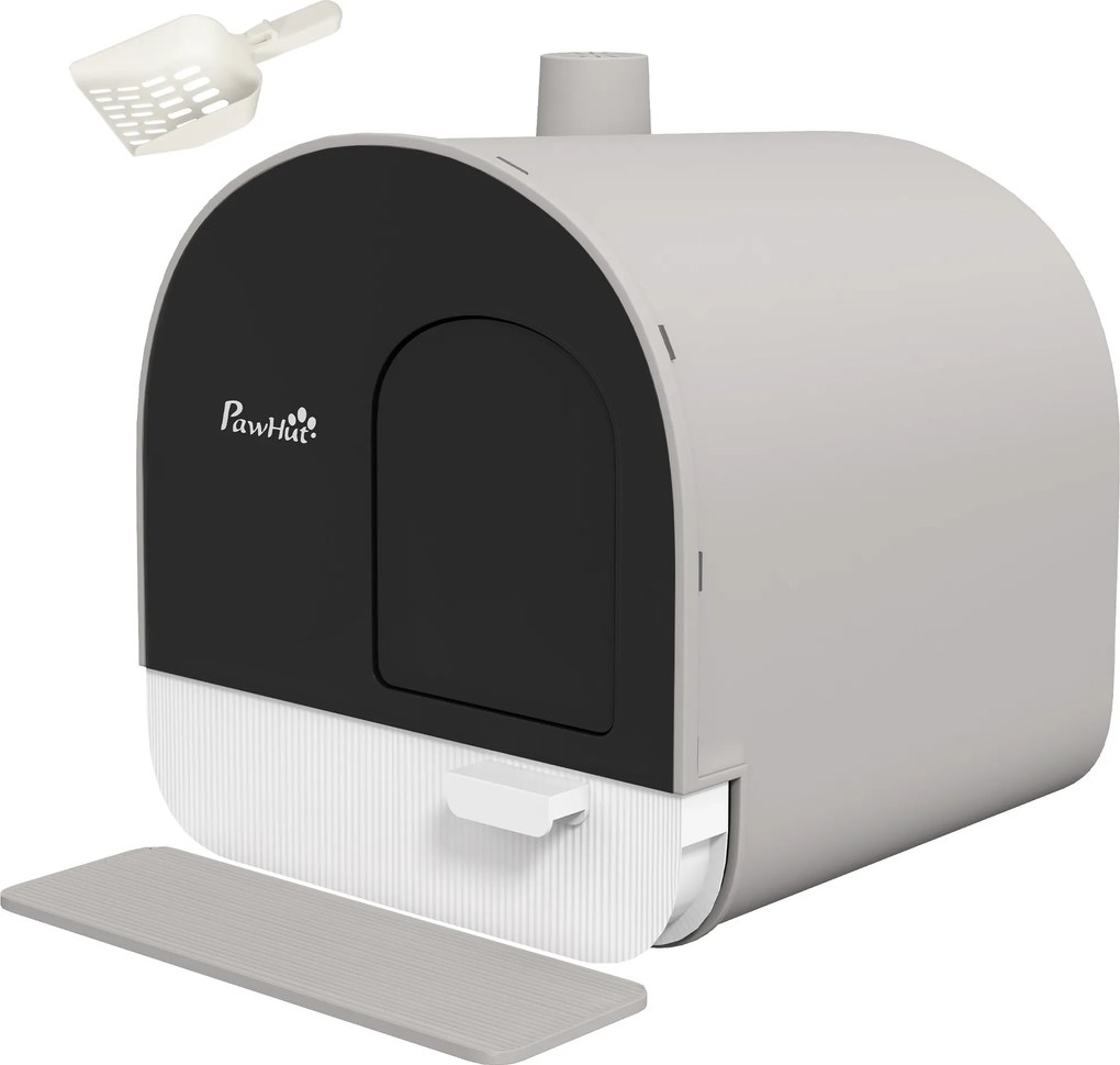 PawHut Macskaalom Tároló Ládával, Macska WC Kanállal és Aalomfogó Szőnyeggel, Kihúzható Tálcával, Nagyobb Macskáknak, Szürke, 43 x 44 x 47 cm | Aosom