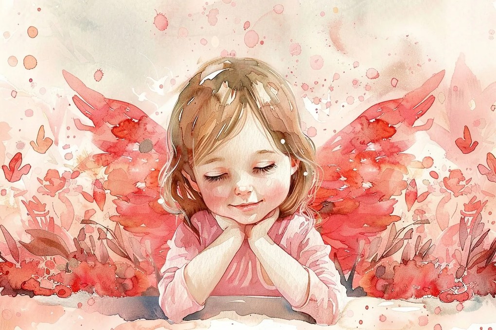 Vászonkép Canvas Akvarell Gyerek Lány Angyal Rózsa Álom 120x80