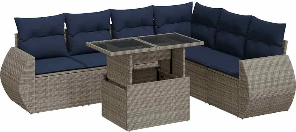 vidaXL 7 részes szürke polyrattan akácfa kerti ülőgarnitúra párnákkal