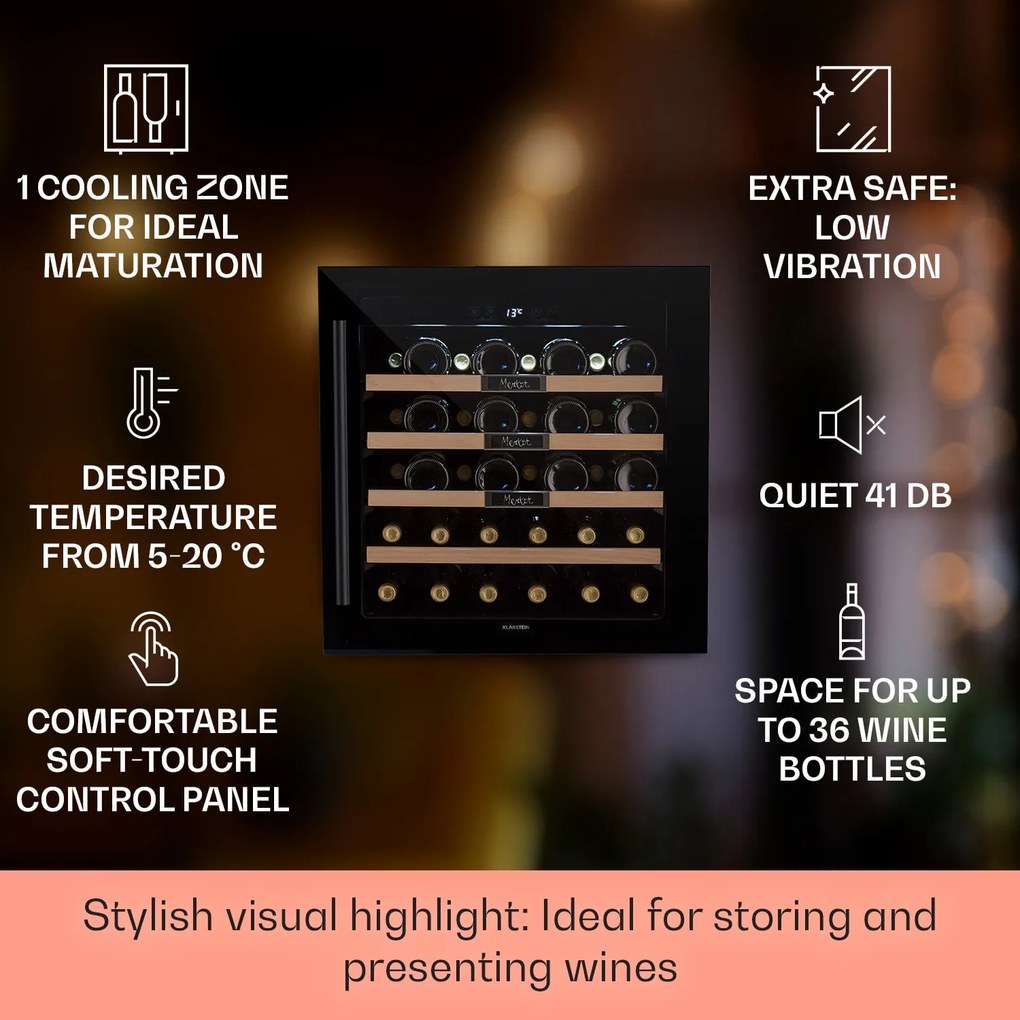 Klarstein Vinsider 36 Built-In Uno, beépített borhűtő, 92 liter, 36 palack, rozsdamentes acél