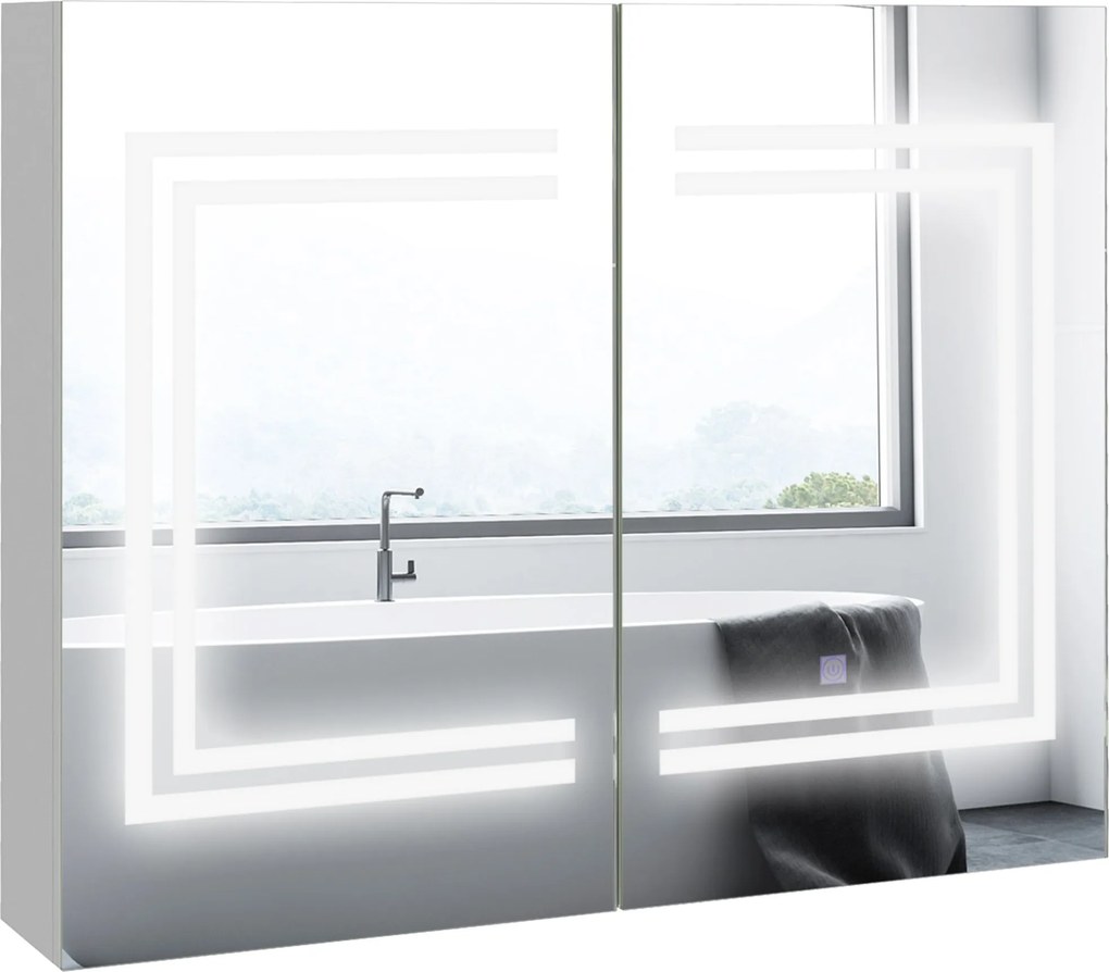 kleankin Fürdőszoba Szekrény Tükörrel és LED Fénnyel, 2 Ajtós Függő Fürdőszoba Bútor, Állítható Polcokkal, Érintőkapcsolóval és Állítható Fény Színnel