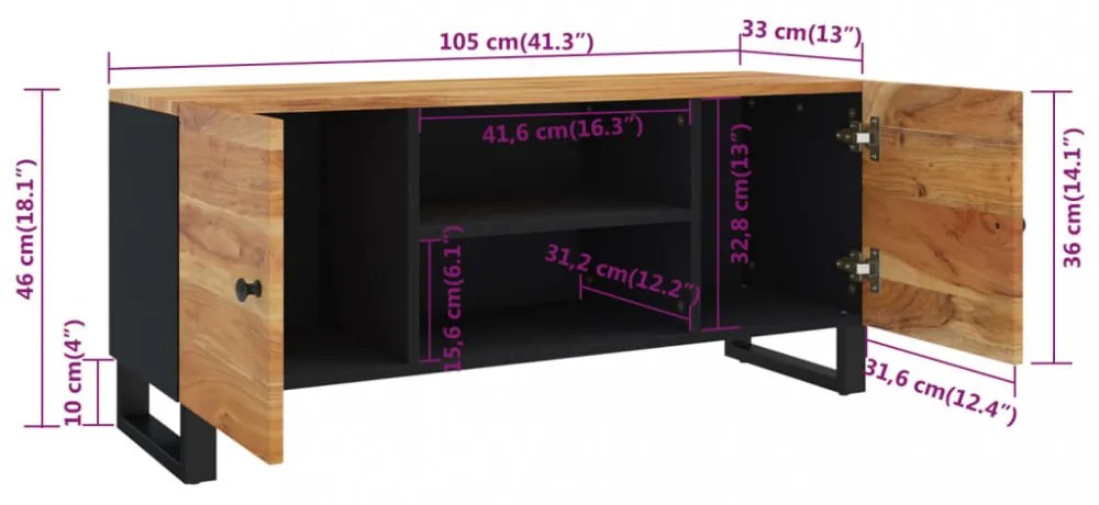 tömör akácfa TV-szekrény 105 x 33 x 46 cm