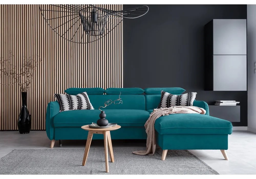 Türkiz bársony kinyitható sarokkanapé (jobb oldali) Sweet Harmony – Miuform