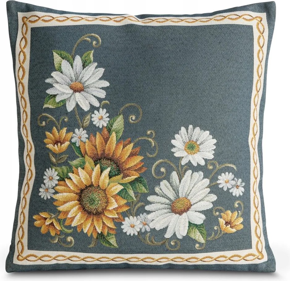 Dekoratív párnahuzat gobelin 45x45 kék bézs napraforgó margaréta