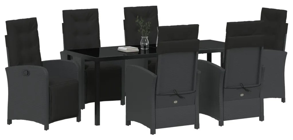 7 darabos kert étkezőgarnitúra párnákkal fekete poli rattan, kert asztal fekete 200x80x73 cm edzett üveg