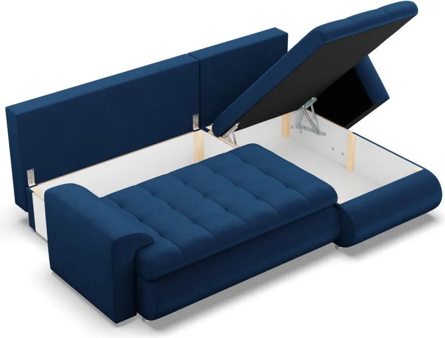 Tokio sarokkanapé, 2 ágyneműtartóval, bársony, jobboldali, kék