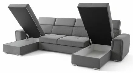 Ággyá nyitható ülőgarnitúra SALVADA, univerzális U-formájú sarokkal és tárolóhellyel, sötétszürke