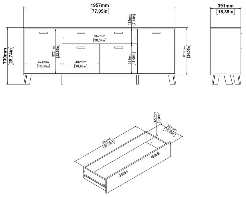 Fehér-natúr színű komód tölgyfa dekorral 196x73x39 cm Ikast – Tvilum