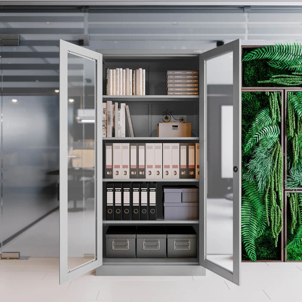 Vitrines fém szekrény üvegezett ajtókkal AMELIA, 900 x 1850 x 400 mm, szürke