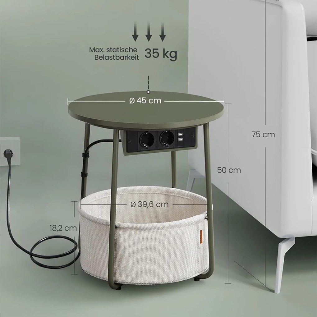 Kerek dohányzóasztal usb töltő porttal, kis asztal aljzattal, erdőzöld és krémfehér