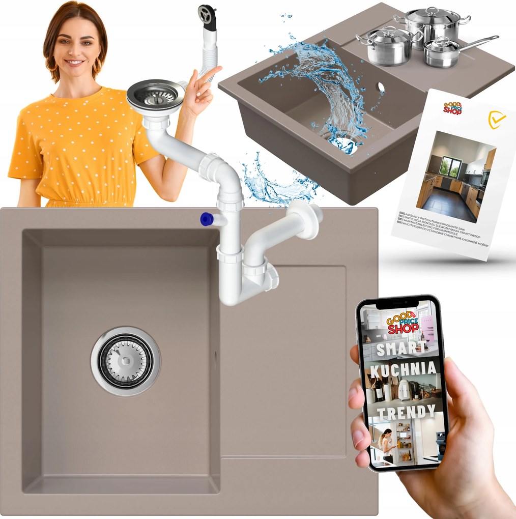 Egymedencés Gránit Mosogató Csepegtetővel Bézs Szifon Króm 6in1