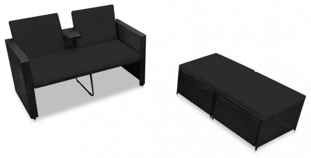 vidaXL 3 részes fekete polyrattan kerti bútorszett párnákkal