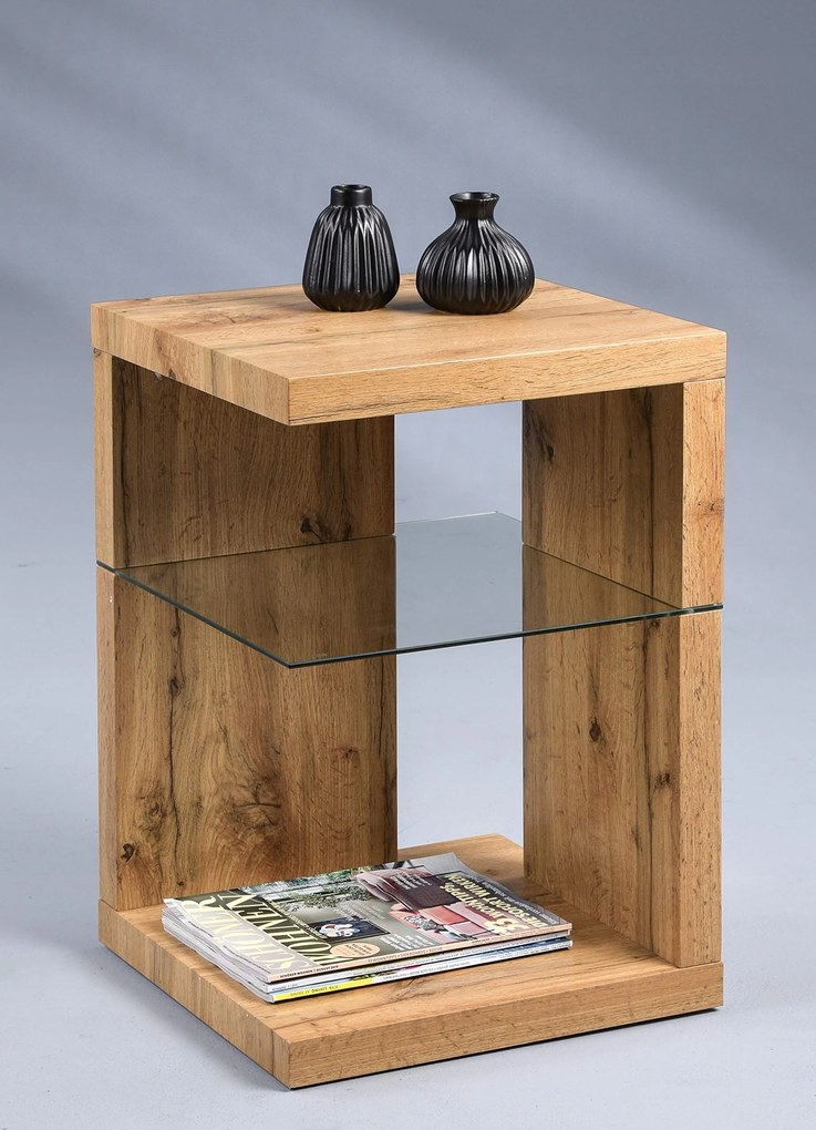 M2 Domingo Éjjeli asztal 40x40x60 cm Mdf vad tölgy/üveg