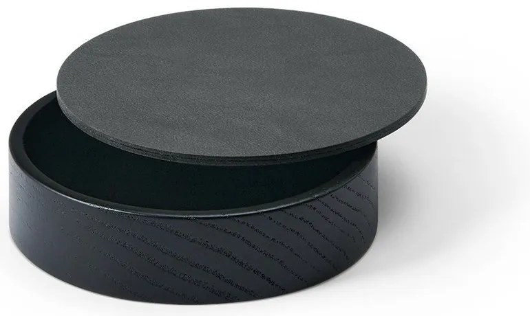 Fekete-antracitszürke fedeles-dekoratív fa-öko bőr tárolódoboz ø 11x3,5 cm Circle Nupo – LIND DNA