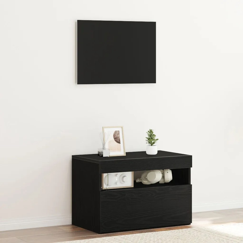 TV-szekrény LED világítással, fekete tölgy színben, 60x35x40 cm, összeszerelt fa
