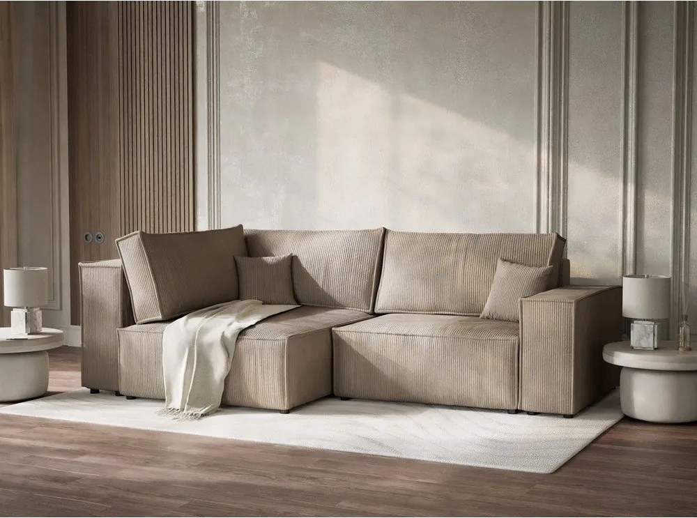 Bézs kordbársony kinyitható-tárolóhelyes sarokkanapé (bal oldali-L alakú) Tonga – Maison de Rêve