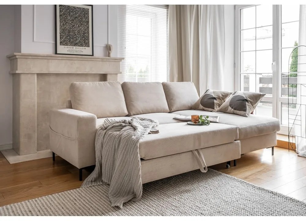 Bézs kordbársony kinyitható sarokkanapé (jobb oldali) Lofty Lilly – Miuform