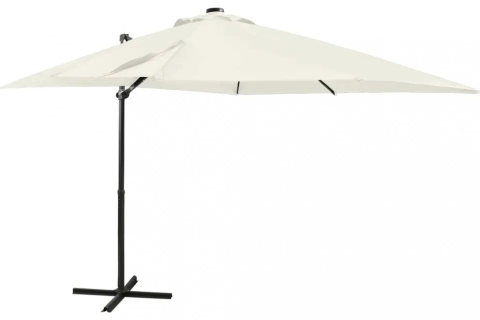homokszínű konzolos napernyő rúddal és LED-fényekkel 250 cm