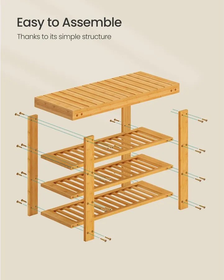 SONGMICS bambusz cipőpad 3 polccal, 70 x 28,7 x 52 cm, természetes színű
